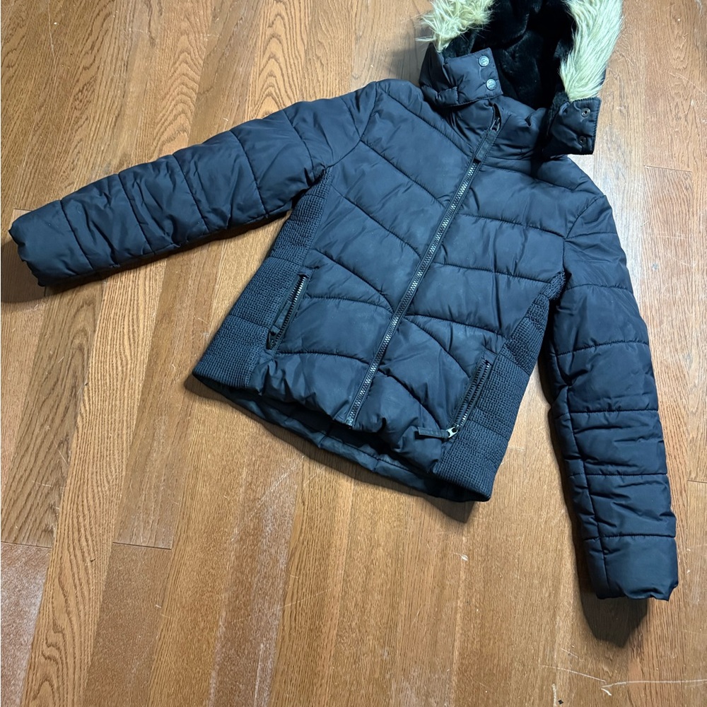 Black Puffer Girls Jacket with Faux Fur Hood